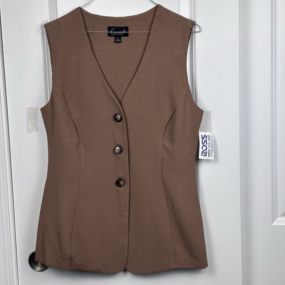 Connected Apparel Womens Sleeveless Longline Vest Top Brown Button Front Size S